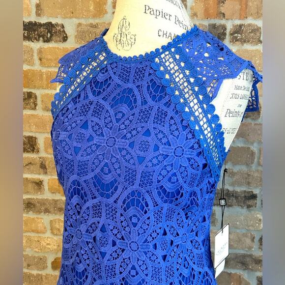 NEW $195 laundry by Shelli Segal geometric lace royal blue knee length dress s 2 - Picture 2 of 12